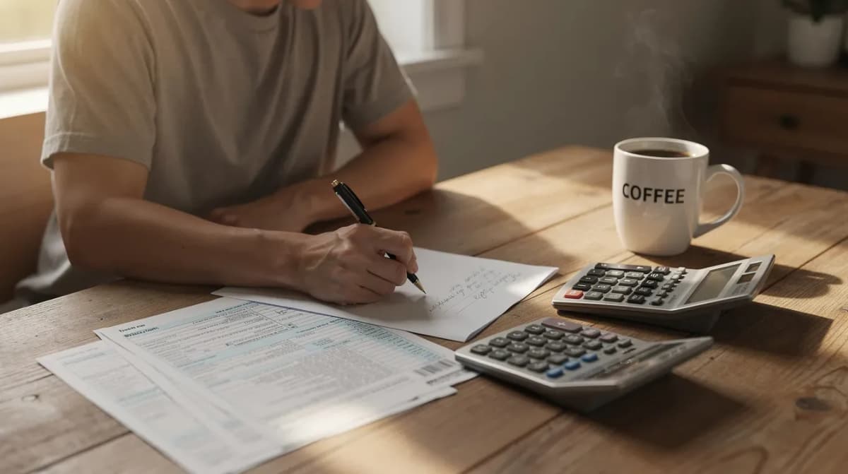 A person is seated at a desk, focused on writing a letter, with a calculator, tax forms, and a steaming mug of coffee nearby. The scene suggests they are preparing to address important tax records and documents related to their tax return for the current tax year.