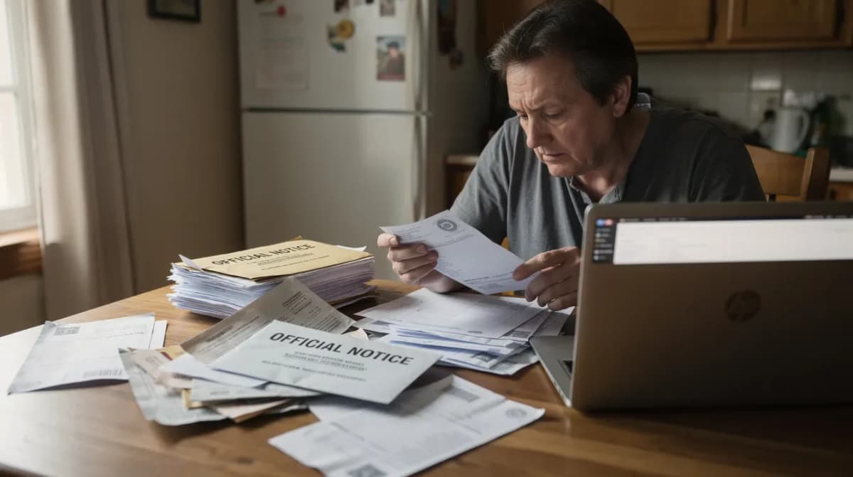 A person is seated at a kitchen table, reviewing a stack of official mail, which includes an IRS notice, while a laptop is open nearby. The individual appears focused on understanding their tax records and any actions needed for their tax return for the current tax year.