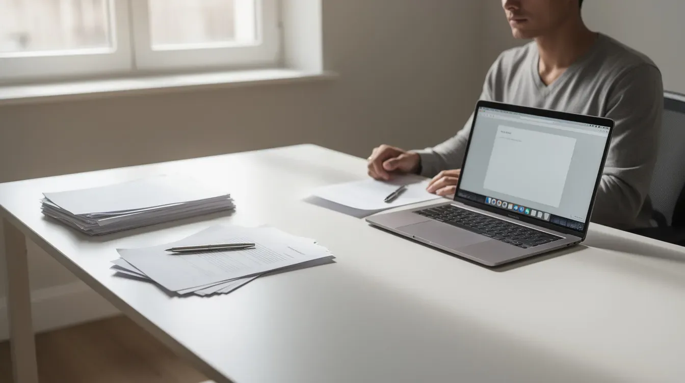 The image shows a person sitting at a clean desk, surrounded by papers, a pen, and an open laptop, suggesting they are preparing to respond to an IRS notice or organize their tax records. This scene conveys a sense of focus and diligence, important for taxpayers managing their tax returns and avoiding penalties.
