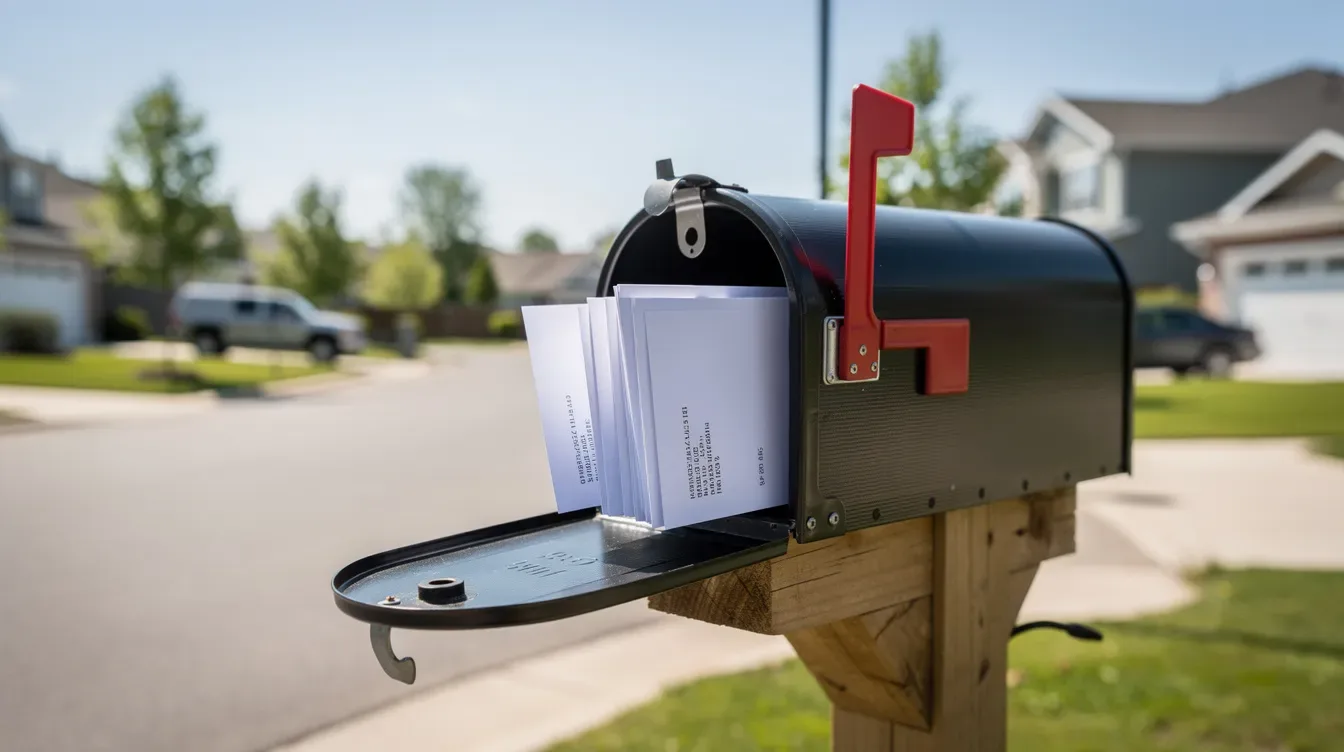 A home mailbox sits on a suburban street, filled with white envelopes, suggesting recent correspondence that may include important letters or documents. This scene evokes a sense of community and the exchange of information, potentially related to tax matters or communication from the IRS.
