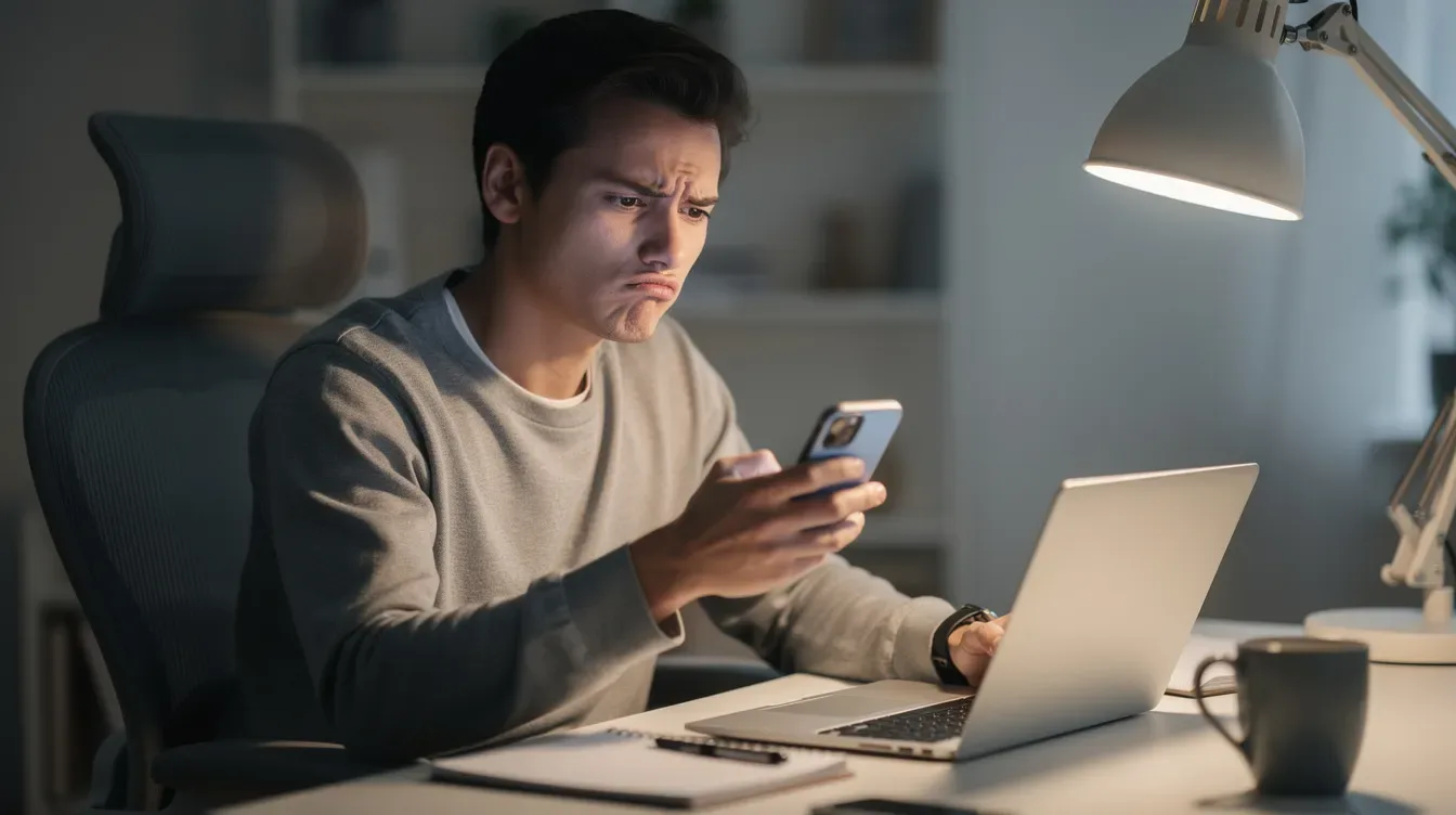 A person is sitting at a desk with a furrowed brow, looking skeptically at a smartphone screen, possibly questioning the legitimacy of an email from the IRS regarding sensitive information. The scene suggests a moment of concern about potential scams and the need to verify the authenticity of online tools and correspondence related to tax matters.