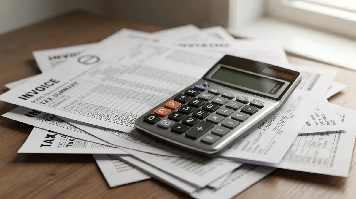 A calculator is placed on top of a stack of printed tax documents and receipts, symbolizing the importance of accurate calculations for filing individual income tax returns and avoiding IRS penalties, such as failure to file and late filing penalties. The scene emphasizes the need for timely tax payments and the potential consequences of unpaid tax or underpayment penalties.