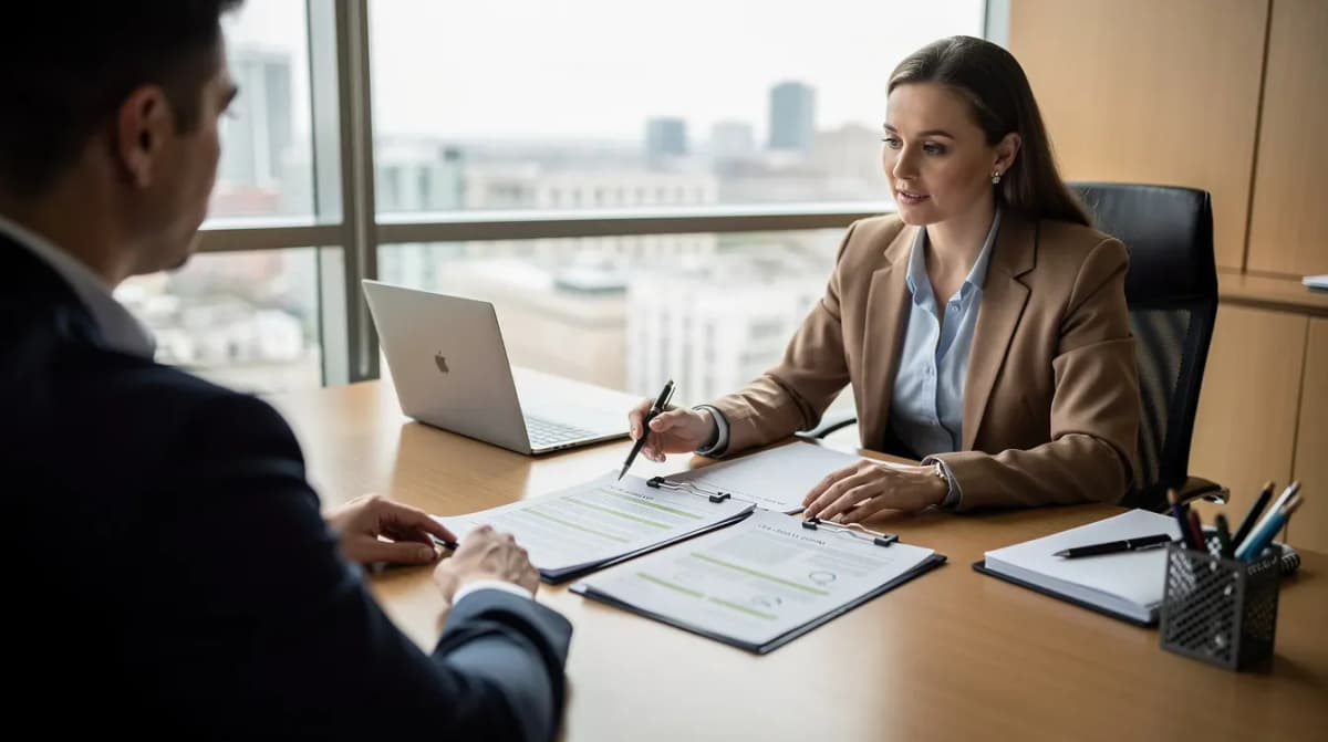 A professional and a client are seated across a desk, reviewing documents related to tax matters, possibly discussing issues like failure to pay penalties or the implications of the internal revenue code on their tax return. The atmosphere is focused and collaborative as they work through the details of the individual's income tax return and any potential penalties that may apply.