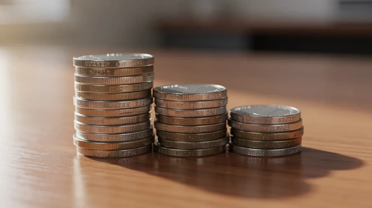 The image depicts three stacks of coins arranged in descending height on a wooden desk, symbolizing financial matters such as tax balances and penalties. The visual serves as a reminder of the importance of timely filing and paying taxes to avoid IRS penalties and potential failure to pay penalties.
