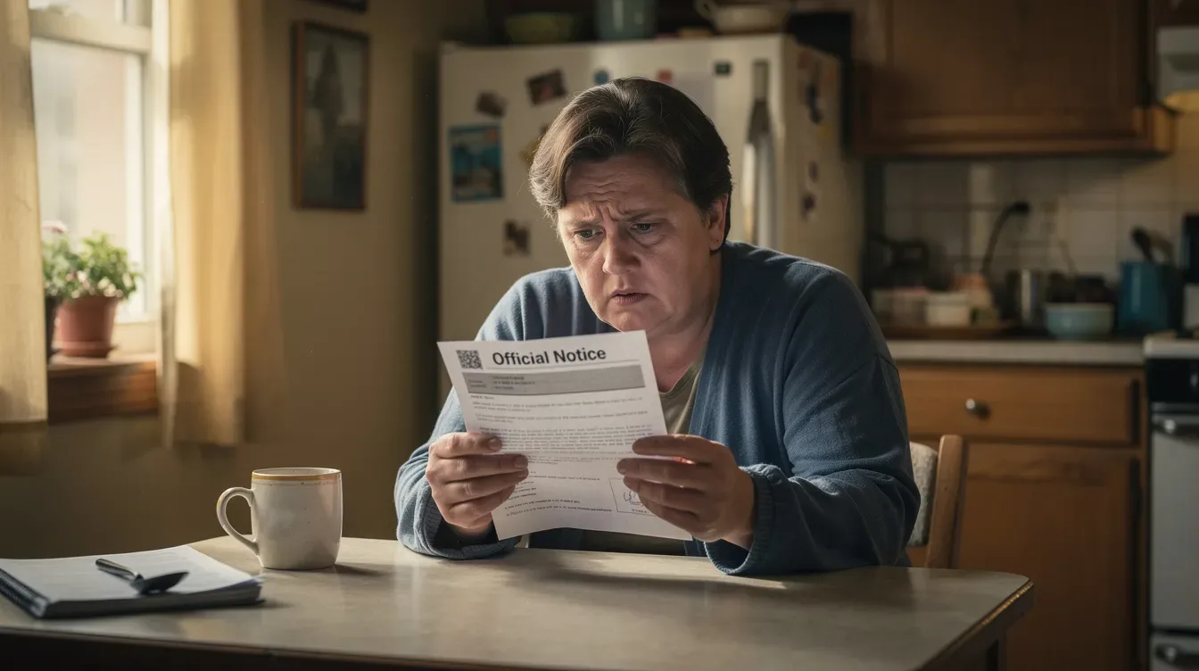 A concerned individual sits at a kitchen table, holding an official letter that likely contains information about IRS penalties, such as failure to pay penalties or late filing penalties related to their income tax return. The expression on their face suggests anxiety over potential tax debt and the implications of unpaid taxes.