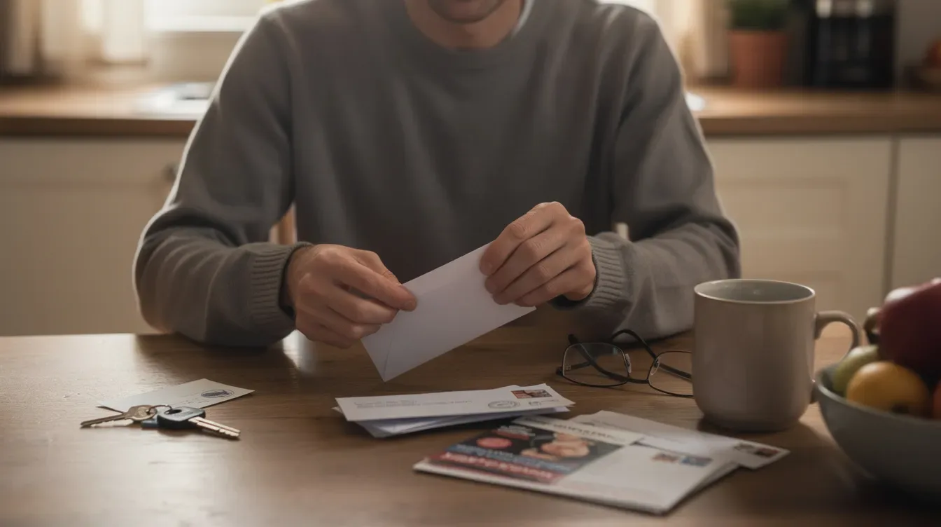 A person is seated at a kitchen table, carefully opening an envelope that contains important correspondence, potentially related to their tax obligations from the IRS. The scene suggests a moment of anticipation, as the individual prepares to address any issues regarding their tax return or financial situation.