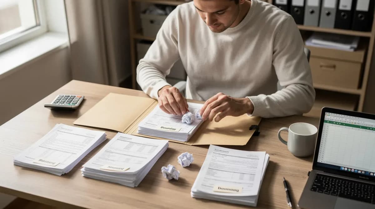 A person is carefully organizing various paper documents and receipts on a desk, likely preparing important tax documents related to their tax return and IRS obligations. This process helps ensure they stay informed about their tax situation and avoid future issues with unpaid taxes or collection actions.