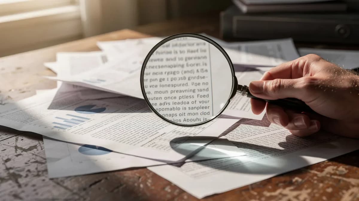 A magnifying glass is positioned over a collection of scattered paper documents on a wooden desk, suggesting a close examination of potentially important papers such as tax documents or IRS letters. The scene evokes a sense of scrutiny, possibly in relation to distinguishing between legitimate IRS notices and suspicious letters that may contain personal and financial information.
