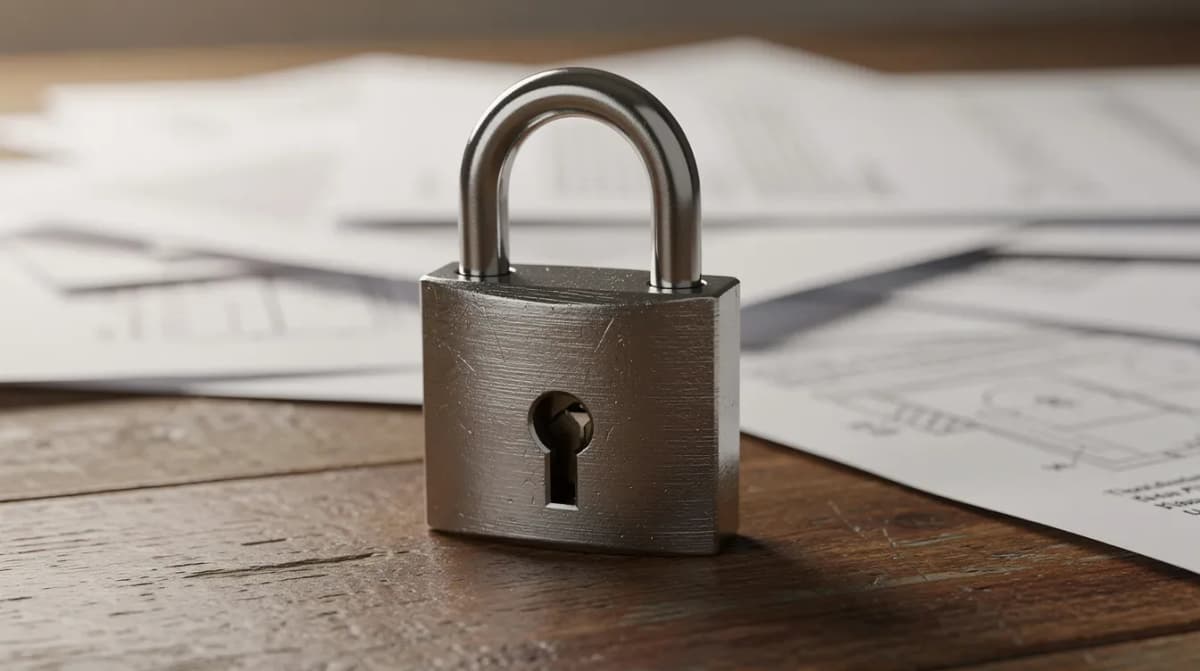 The image features a padlock resting on a wooden surface, with scattered papers in the background that may include suspicious IRS letters or tax documents. This setting evokes a sense of security and caution regarding personal and financial information, particularly in relation to potential IRS scams and fraudulent notices.