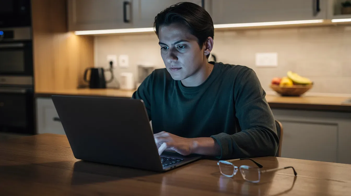 A person is seated at a kitchen table, focused on their laptop screen, with reading glasses placed nearby. The scene suggests they may be reviewing important tax documents or checking their IRS online account for any notices related to their personal and financial information.