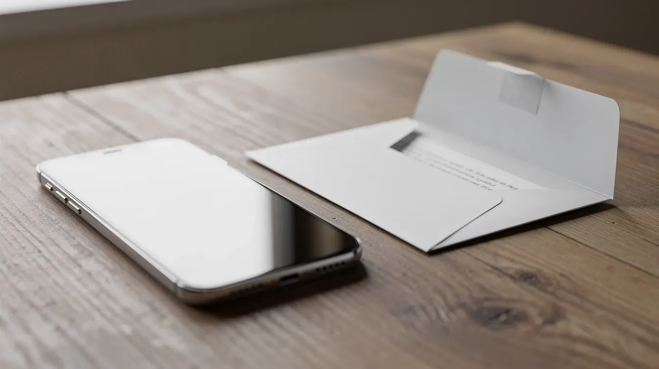 The image shows a smartphone resting on a table beside an opened envelope, which may contain a suspicious IRS letter. This setup suggests a scenario where personal and financial information could be at risk, potentially involving fraudulent notices or demands for immediate payment related to tax issues.