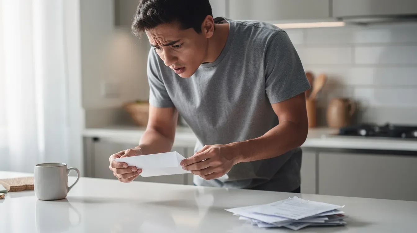 A person stands at their kitchen counter, opening a piece of mail with a concerned expression, possibly encountering a suspicious IRS letter that may demand immediate payment or threaten arrest. The scene captures the anxiety of dealing with potential tax scams and the importance of verifying any correspondence through official IRS channels.