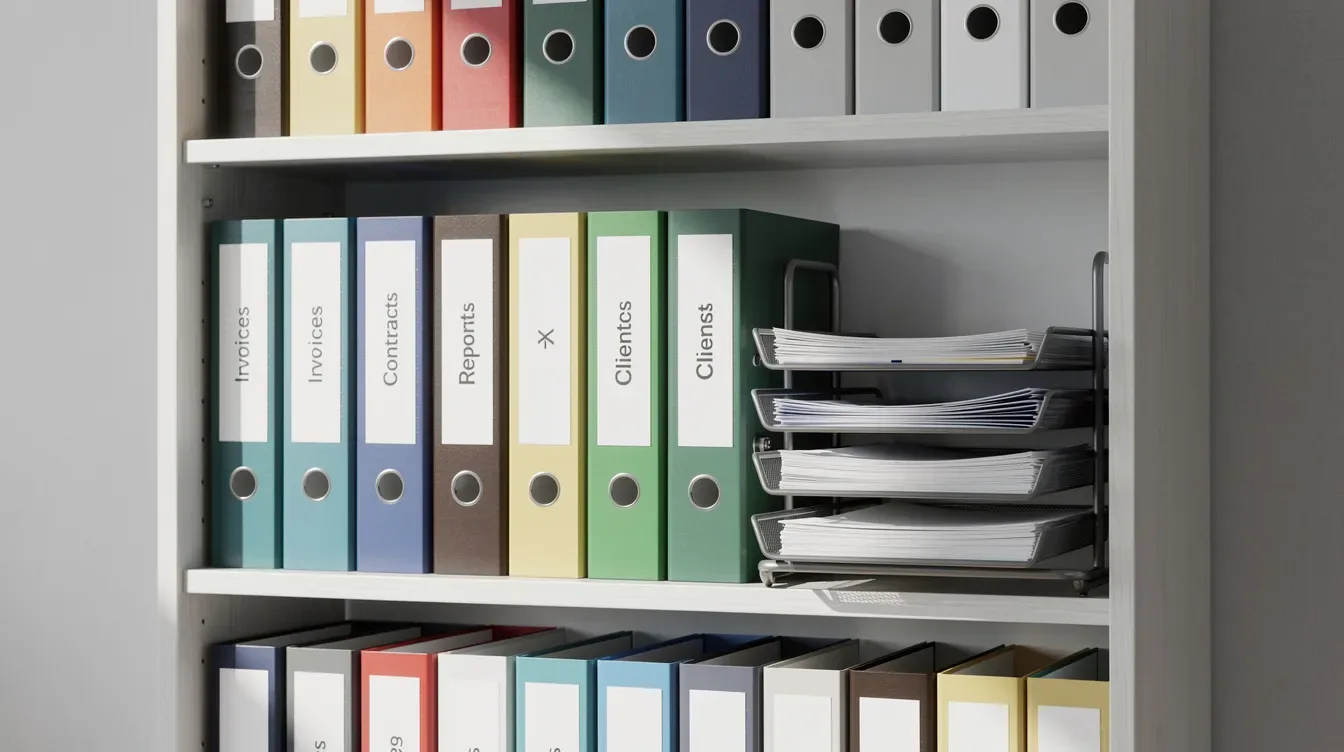 The image shows a tidy arrangement of filing folders and documents on an office shelf, likely containing important tax information such as IRS records, notices, and forms related to backup withholding and taxpayer identification numbers. The organized setup suggests efficient handling of compliance and record-keeping for future payments and reporting obligations.