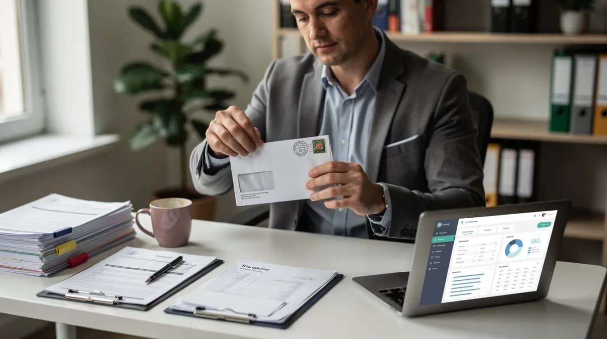 The image shows a business owner seated at a desk, opening official mail that likely contains important tax information, such as a CP2100 or CP2100A notice, amidst paperwork and a laptop. The scene suggests a focus on handling backup withholding obligations and maintaining compliance with IRS records.