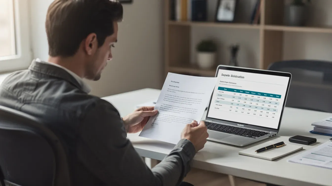 A person is seated at a desk, focused on a laptop screen while reviewing a letter, likely from the IRS, to ensure the information matches what is displayed. The scene suggests a moment of checking and updating important details related to the agency's correspondence.