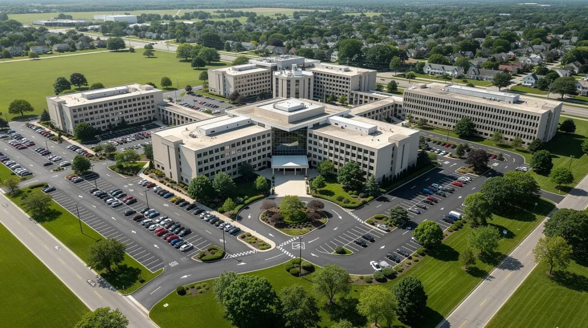 An aerial view showcases a sprawling government office complex on Long Island, surrounded by expansive parking lots and green buffer zones, likely housing the IRS agency. The layout emphasizes the organized structure of the facilities and the surrounding natural areas.