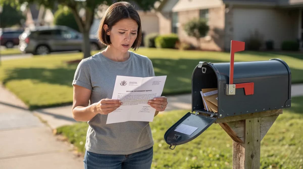 A person is standing at a mailbox, holding an opened official government letter from the Internal Revenue Service (IRS). The individual appears to be reviewing the contents, likely trying to understand an important update or check related to their tax information.