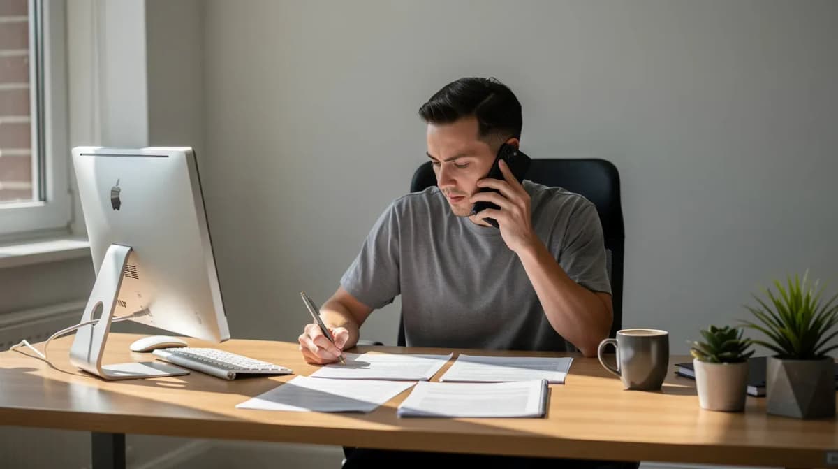 A person is engaged in a phone conversation while reviewing paperwork on a desk, possibly related to their tax obligations. The scene suggests they may be discussing IRS penalties or seeking penalty relief options for their tax return.