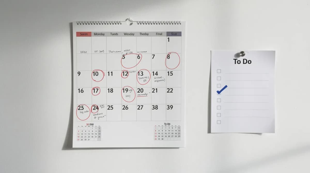 The image depicts a wall calendar with several important dates circled, indicating deadlines for tax obligations, alongside a checklist pinned to the wall, likely outlining steps for seeking penalty relief or preparing for timely filing of tax returns. This setup suggests a focus on managing IRS penalties and ensuring compliance with tax law.