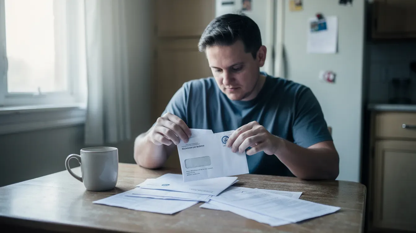 The image shows a person sitting at a kitchen table, carefully opening a piece of official mail, likely related to their tax obligations. The setting suggests they may be reviewing important information regarding potential IRS penalties or seeking penalty relief options.
