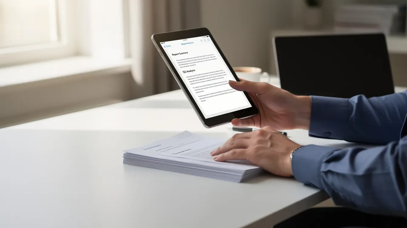 A person is seated at a desk, intently reviewing documents on a tablet device, possibly related to their tax obligations. This scene may involve considerations of penalty relief options, such as first time penalty abatement from the IRS or seeking assistance from a tax professional.