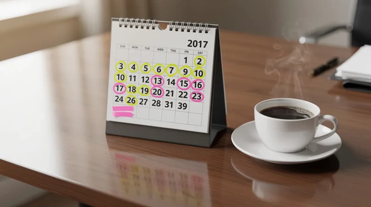 The image shows a desk calendar with several highlighted dates, indicating important deadlines, alongside a steaming cup of coffee. This scene suggests a focus on timely filing and managing tax obligations, possibly related to IRS penalty relief or first time penalty abatement for eligible taxpayers.