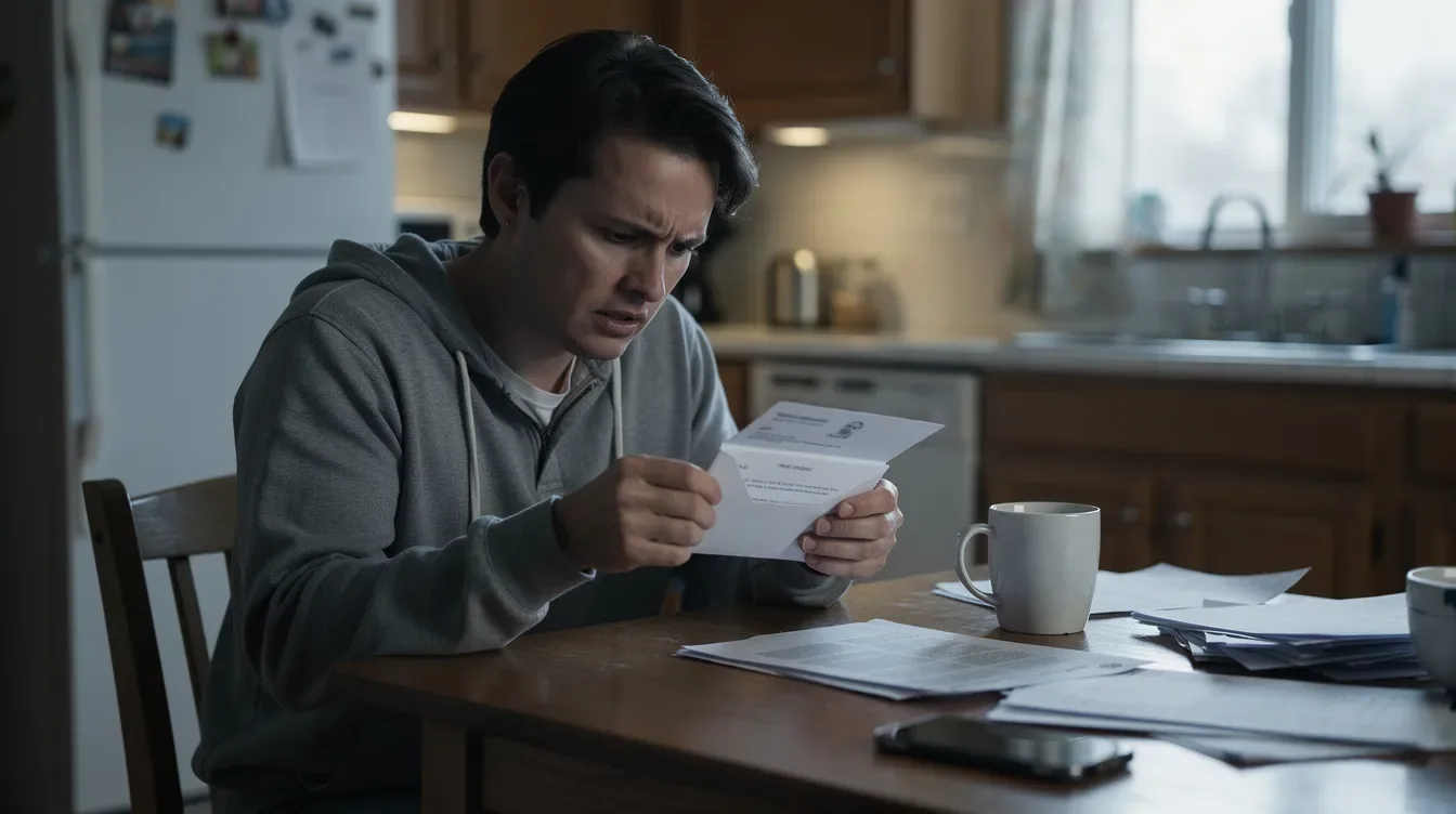 The image shows a person sitting at a kitchen table, looking concerned as they open an official letter from an envelope. This moment could relate to important tax matters, such as a potential estimated tax penalty or a request for penalty relief from the IRS.