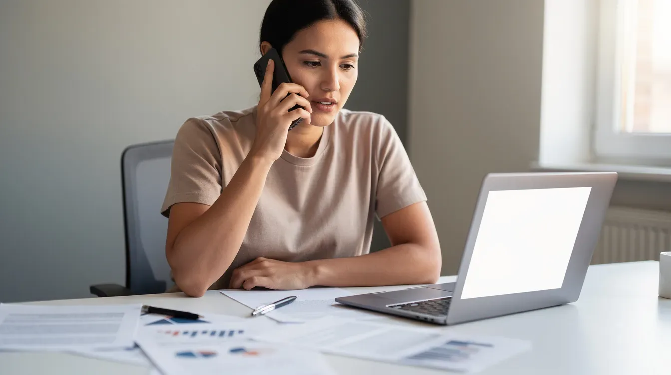 The image shows a person seated at a desk, engaged in a phone call while surrounded by papers and a laptop, possibly discussing matters related to tax obligations or seeking IRS penalty relief. The workspace reflects a busy environment, indicative of someone managing their tax situation or preparing to file tax returns.