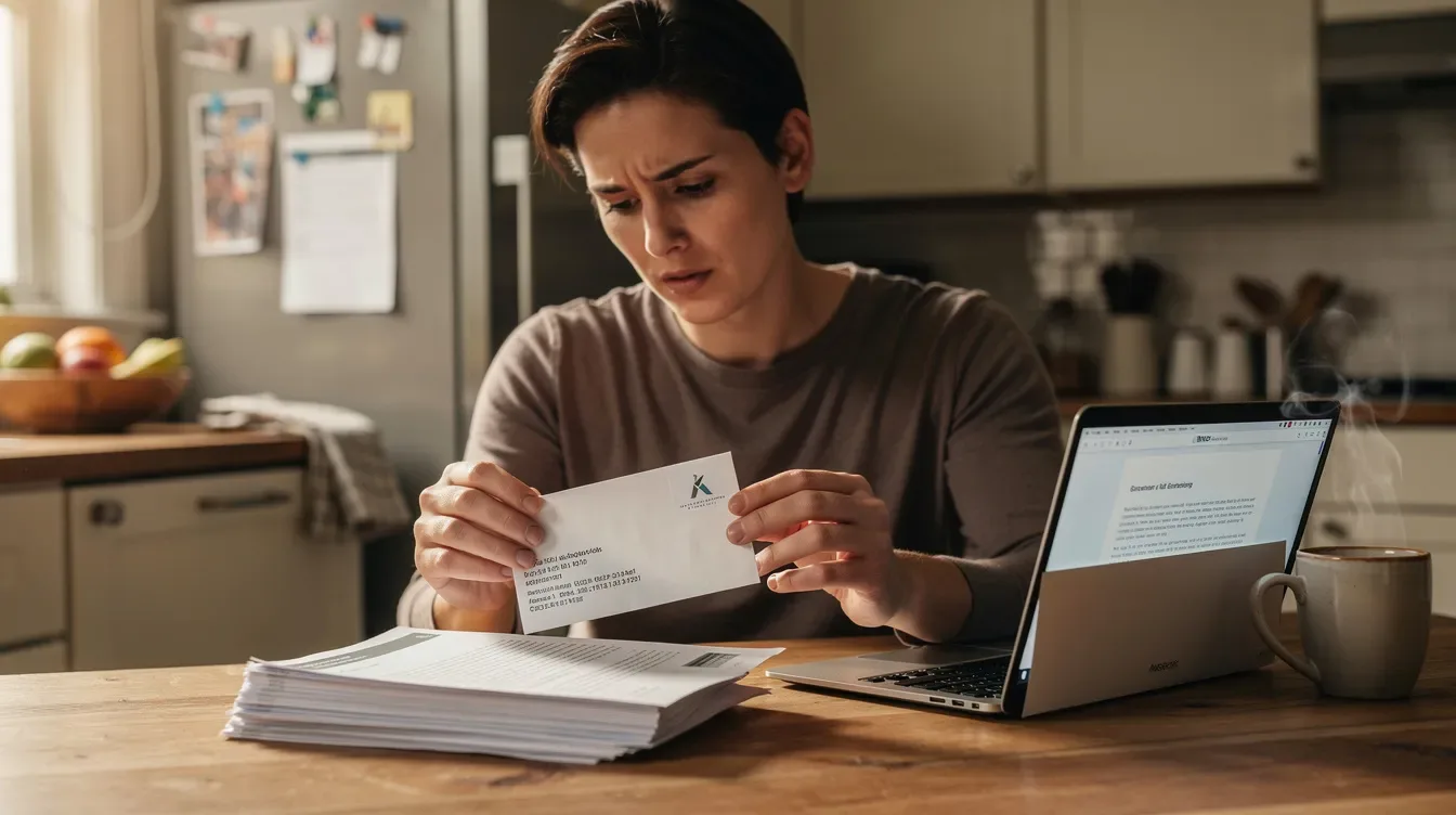 A person is sitting at a kitchen table, carefully opening an official IRS notice that includes important documents, with a laptop nearby. The scene suggests they may be addressing tax issues, such as a tax bill or a notice regarding taxes owed.