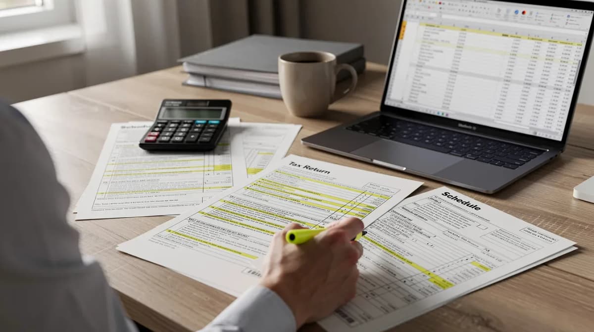 A person is sitting at a desk, reviewing tax documents with a highlighter pen, focusing on important details such as IRS notices and tax returns. The scene captures the individual carefully analyzing the paperwork, likely considering any taxes owed and potential actions to address their tax accounts.