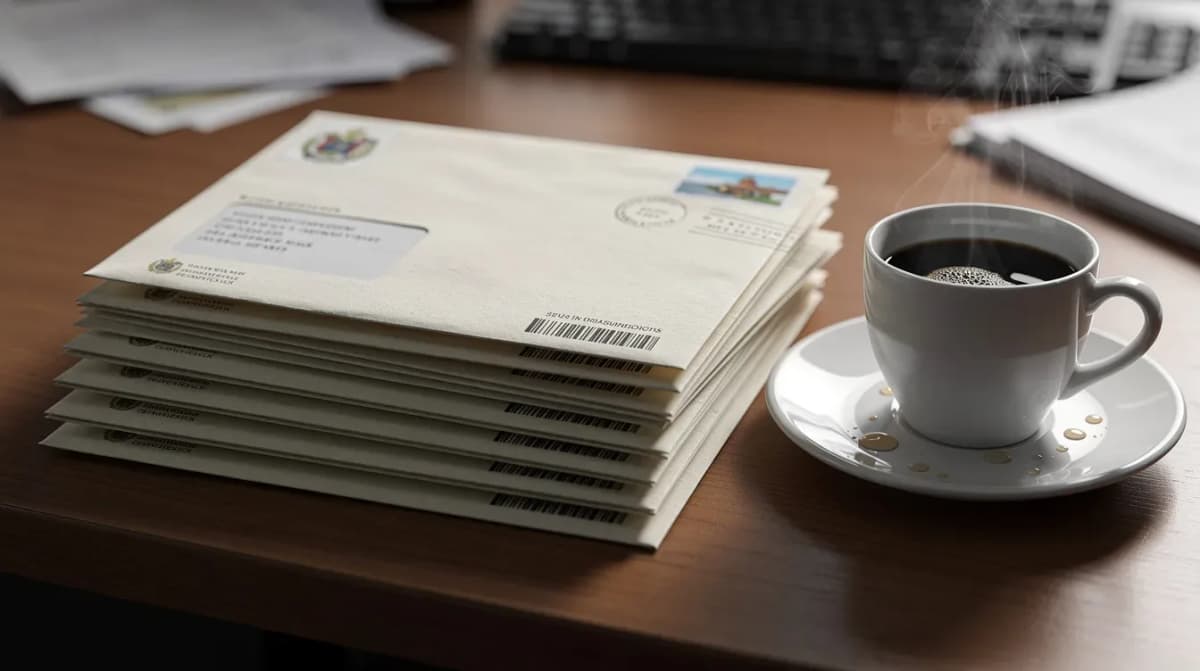 A stack of official government envelopes, likely containing IRS notices and letters related to tax accounts, sits on a desk beside a steaming cup of coffee, suggesting the need for careful review of potential taxes owed and important tax issues.
