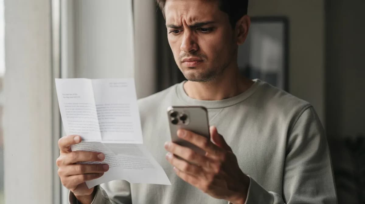 A person with a skeptical expression is looking at their phone while holding an IRS notice letter, possibly regarding a tax bill or disputed notice. They appear to be contemplating the implications of the letter, which may contain specific instructions related to their taxes owed.