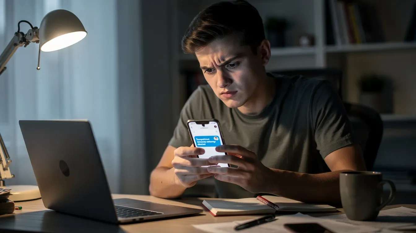 A person is sitting at a desk, looking suspiciously at their phone screen, possibly receiving an IRS notice or tracking information regarding a certified letter. Their concerned expression suggests they are reviewing important documents related to their tax return or federal tax lien.