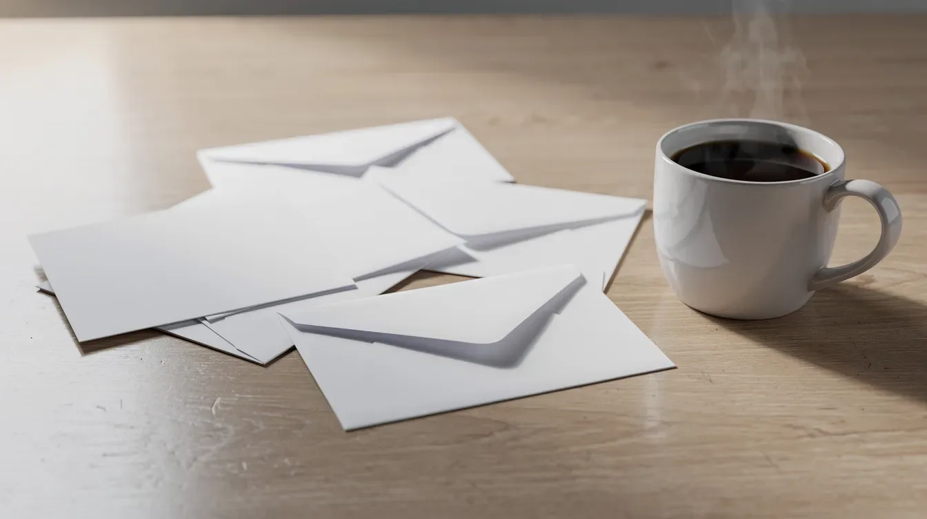 The image shows several white envelopes scattered on a wooden desk, with a coffee mug nearby. These envelopes could represent important documents such as IRS letters or certified mail related to tax returns or notices.