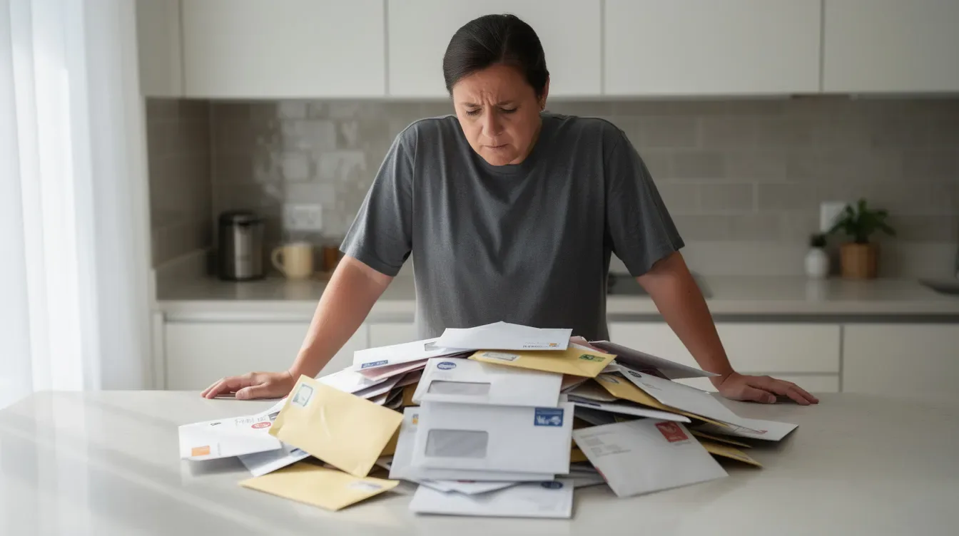 A person stands at a kitchen counter, gazing at a stack of unopened mail envelopes, which may include important documents such as an IRS letter or certified mail. The scene suggests a moment of contemplation regarding potential tax issues or responses needed for federal tax liens and other official notices.