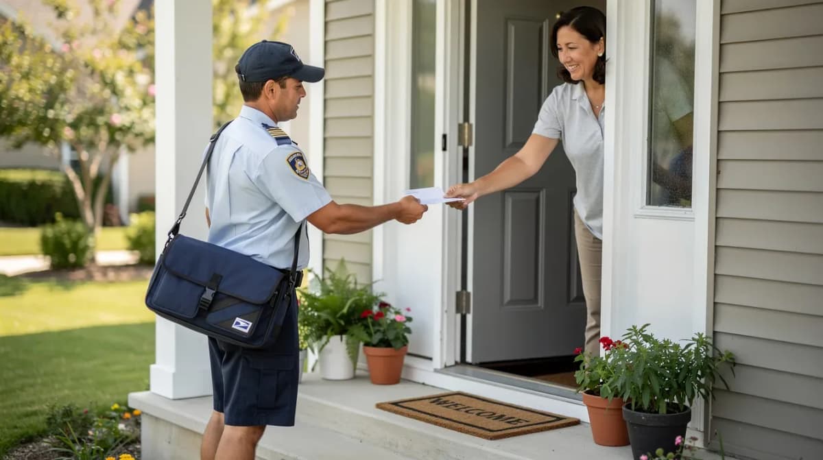 A mail carrier is handing an envelope to a homeowner at their front door, possibly containing an important letter from the IRS, such as a certified mail notice regarding their tax return or an adjustment notice. The scene captures a moment of communication that may involve official IRS procedures or documentation related to federal taxes.