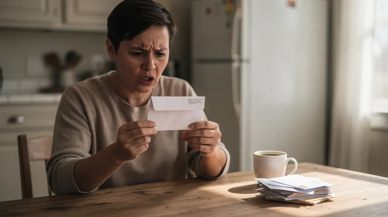 A person sits at a kitchen table, opening a letter with a concerned expression, possibly regarding overdue taxes or an IRS penalty notice. The atmosphere suggests anxiety about potential tax obligations, such as a failure to pay or late filing penalties.