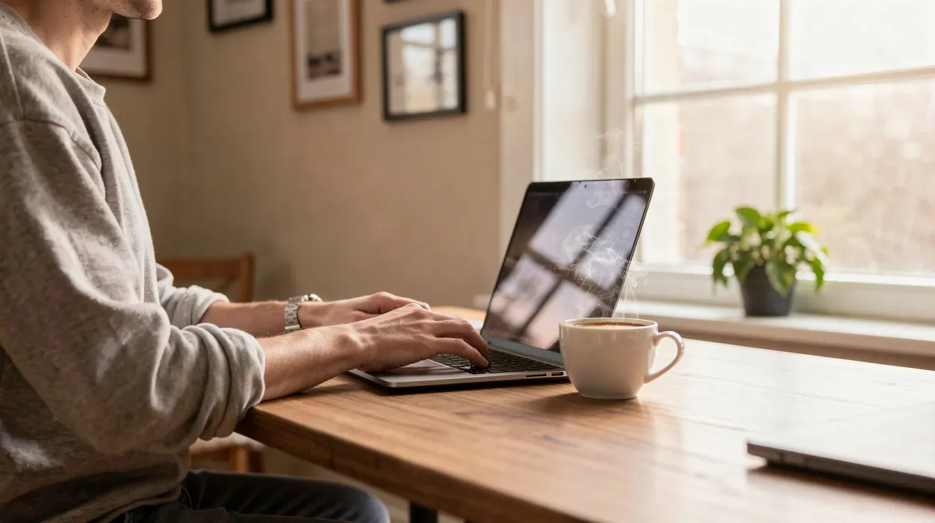 A person sits at a desk in their home, focused on a laptop while holding a cup of coffee, possibly working on their tax return or managing their estimated tax payments to avoid future penalties. The cozy environment suggests a casual yet productive atmosphere for tackling financial responsibilities.