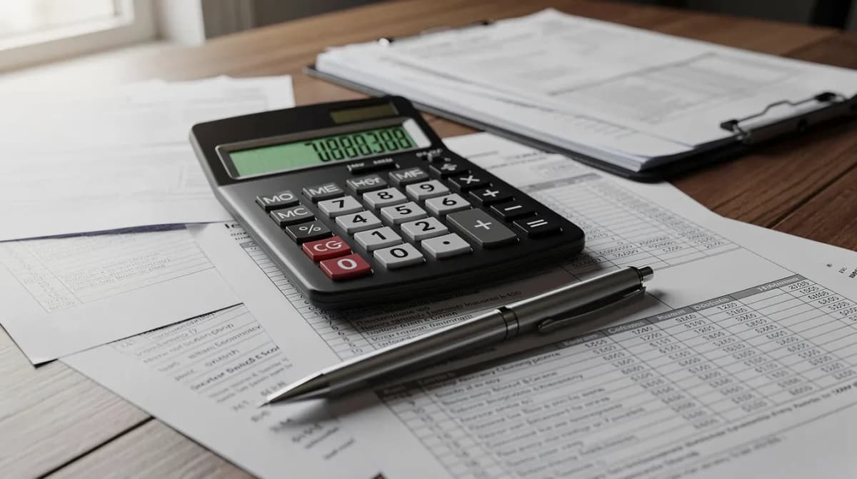 A calculator sits on a desk cluttered with various tax documents and a pen, symbolizing the importance of managing tax obligations and the potential penalties for failure to file or pay taxes on time. The scene reflects the complexities of tax returns, estimated payments, and the risk of incurring late payment penalties if taxes remain unpaid.