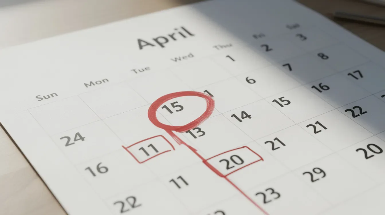 The image shows a calendar page for April with the 15th circled in red, indicating the important tax deadline for filing a tax return and making estimated tax payments. Other quarterly dates are also marked, highlighting the potential for penalties related to failure to pay or file on time.