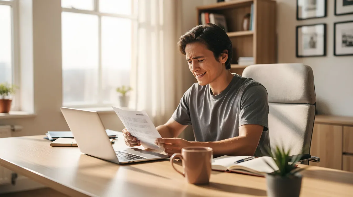 A person appears relieved while reading a document on their laptop in a bright, modern home office, surrounded by organized desk items and natural light. This scene suggests they may be reviewing important information about resolving their tax debt or exploring options like an offer in compromise with the IRS.