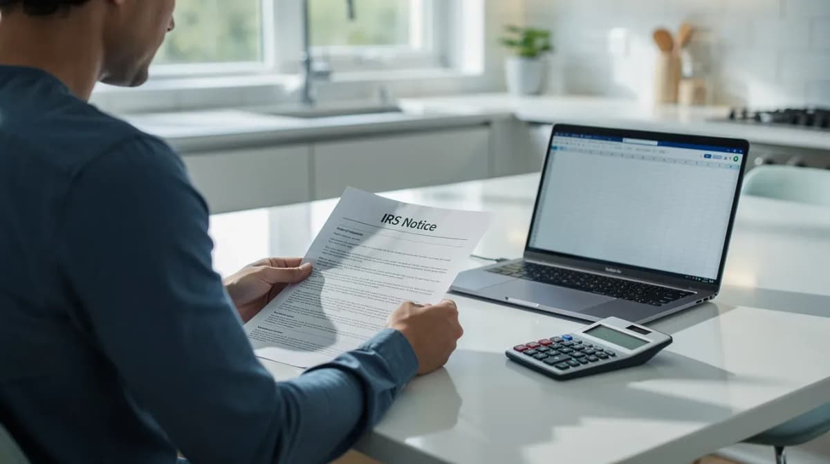 A person is seated at a clean kitchen table, calmly reviewing a printed IRS notice regarding their tax debt, alongside an open laptop and a calculator. Soft natural light filters through a window, creating a serene atmosphere in shades of blue and green.