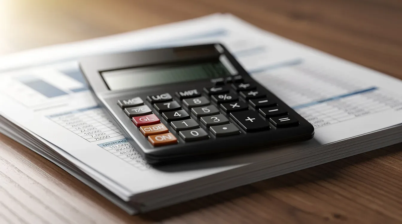 A close-up view of a calculator resting atop financial documents on a wooden desk, highlighting the tools often used by tax professionals to prepare accurate returns and address potential IRS notices, such as the CP2000 notice regarding proposed tax adjustments. The scene reflects the importance of careful financial documentation in navigating tax laws and compliance.