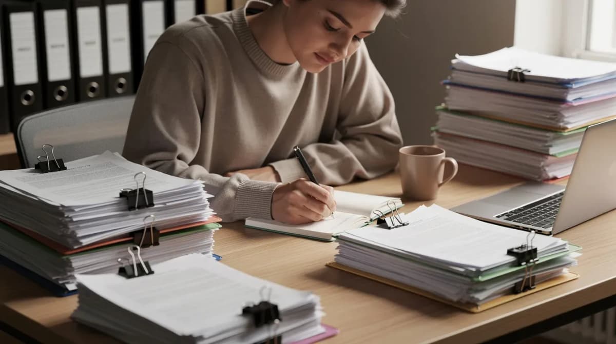 A person is seated at a desk, diligently writing notes while surrounded by organized stacks of paper documents related to tax returns and IRS correspondence. The scene suggests a focus on financial matters, possibly involving responses to a CP2000 notice or preparing supporting documentation for a tax professional.