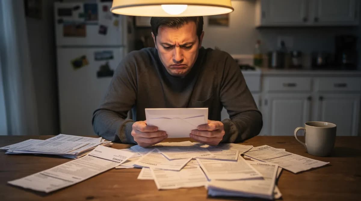A concerned person is seated at a kitchen table, surrounded by open envelopes and scattered paper documents, likely related to their tax return. The documents may include IRS notices or a CP2000 notice, prompting them to consider their response to proposed tax adjustments or penalties.