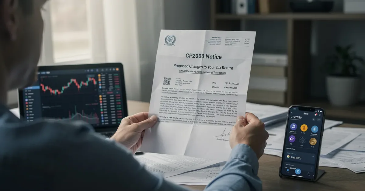 Person reviewing a crypto CP2000 notice at a desk with a crypto trading screen and smartphone showing digital assets.
