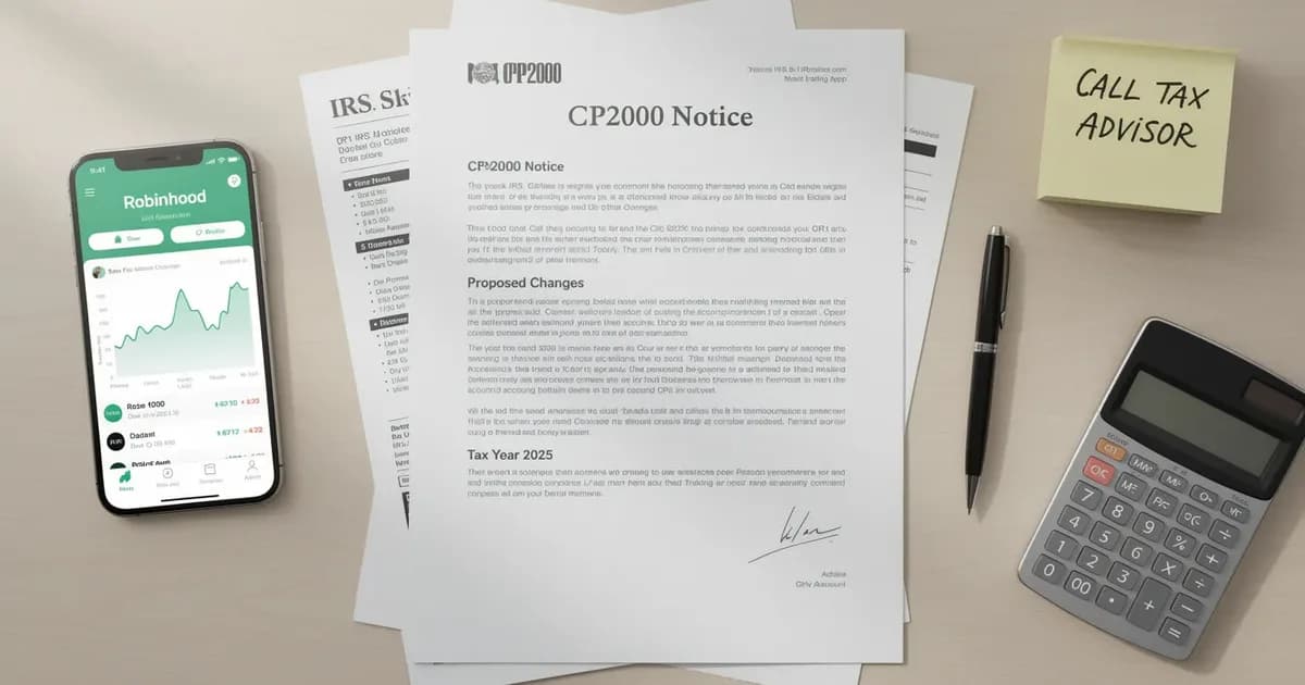 IRS CP2000 notice, Robinhood trading app, calculator, and sticky note reading Call Tax Advisor arranged on a desk