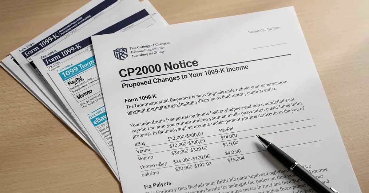 The image depicts a CP2000 notice related to a 1099-K form, which is often issued for business transactions conducted through