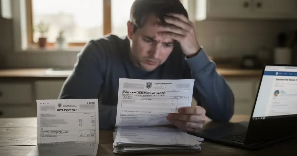 Stressed man at kitchen table reviewing IRS notices and unemployment documents beside an open laptop
