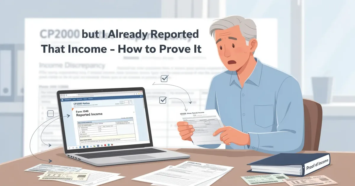 Worried man reviews CP2000 notice beside a laptop showing Form 1040 reported income and a Proof of Income binder on his desk.